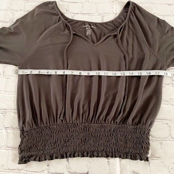American Eagle Soft & Sexy Gray Charcoal Smocked Waist V Neck Long Sleeve Top M - Picture 5 of 9